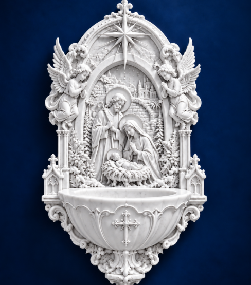 Presépio de Natal Sagrada Família com Pia de Água Benta 25Cm Parede Branco Decoração Religiosa Menino Jesus
